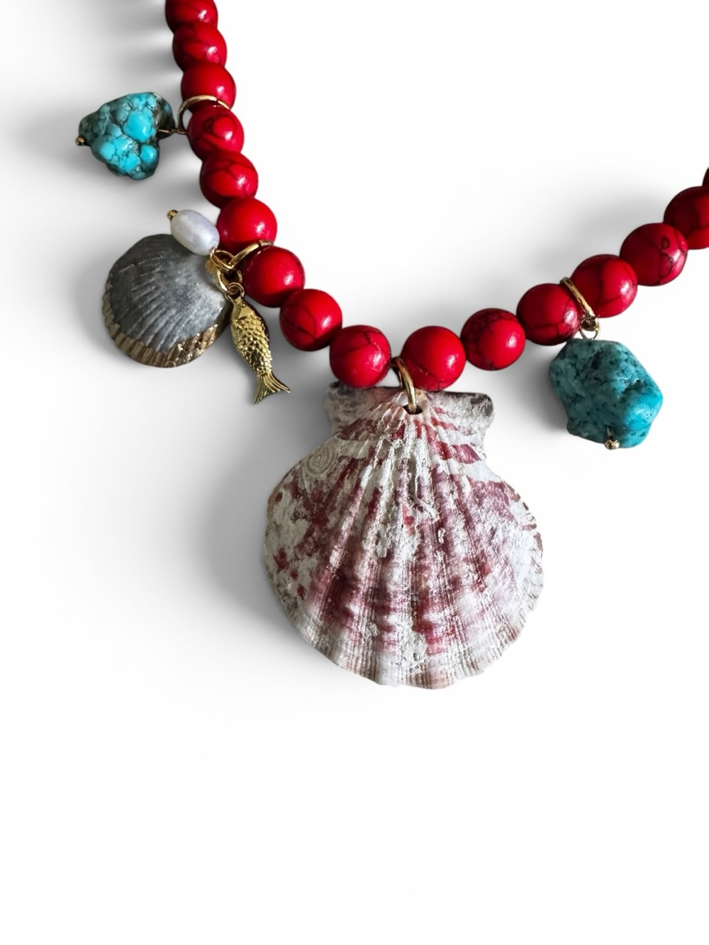 Red real Coral Beaded Shell Pendant Necklace - Women Jewelry